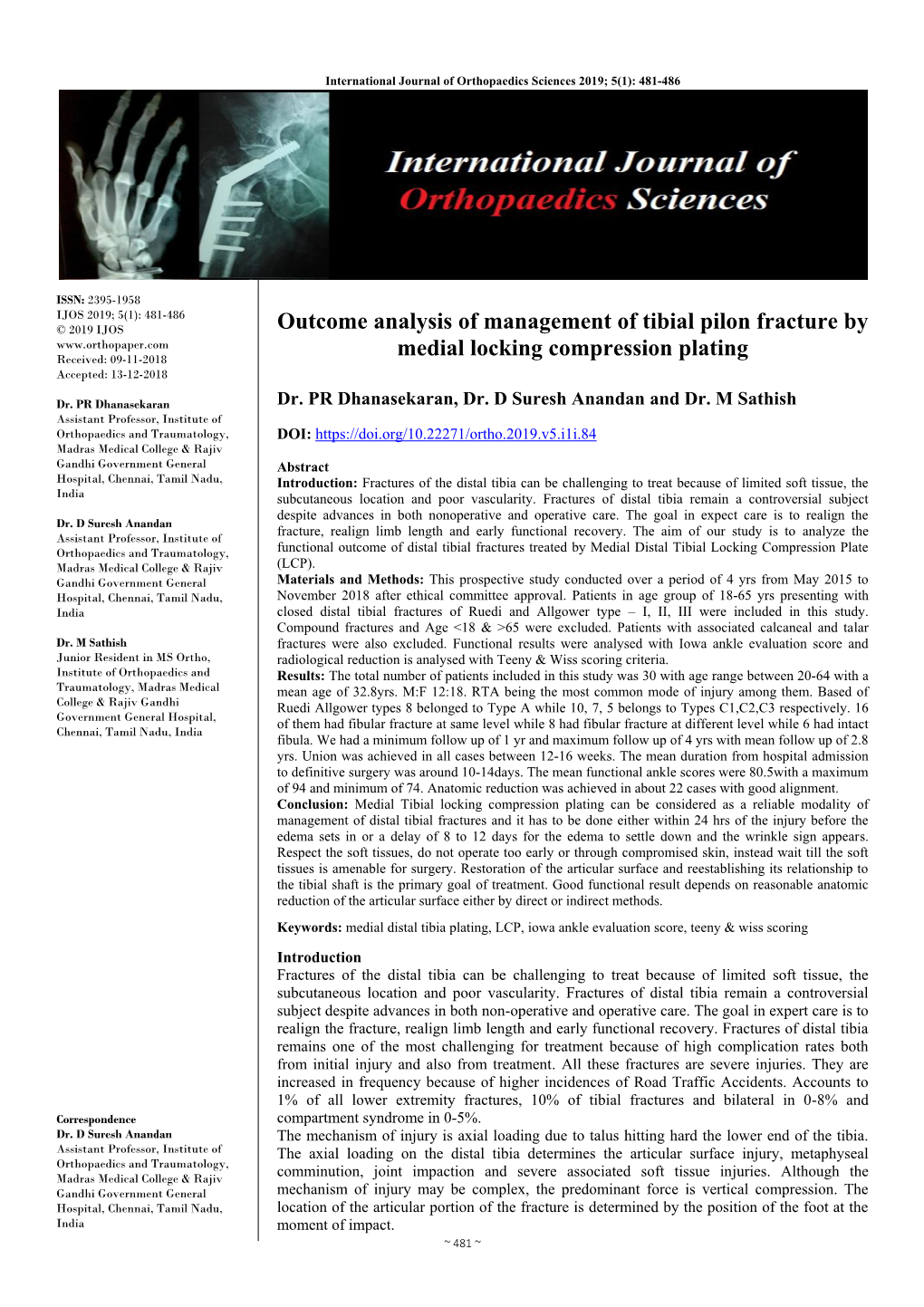 Outcome Analysis of Management of Tibial Pilon Fracture by Medial