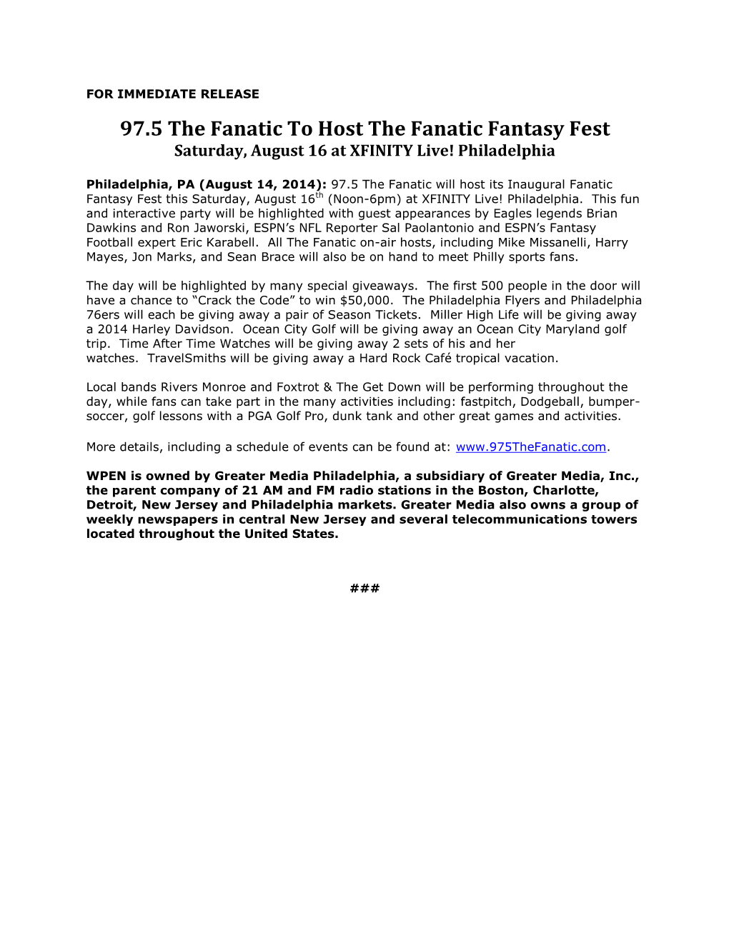 97.5 the Fanatic to Host the Fanatic Fantasy Fest Saturday, August 16 at XFINITY Live! Philadelphia