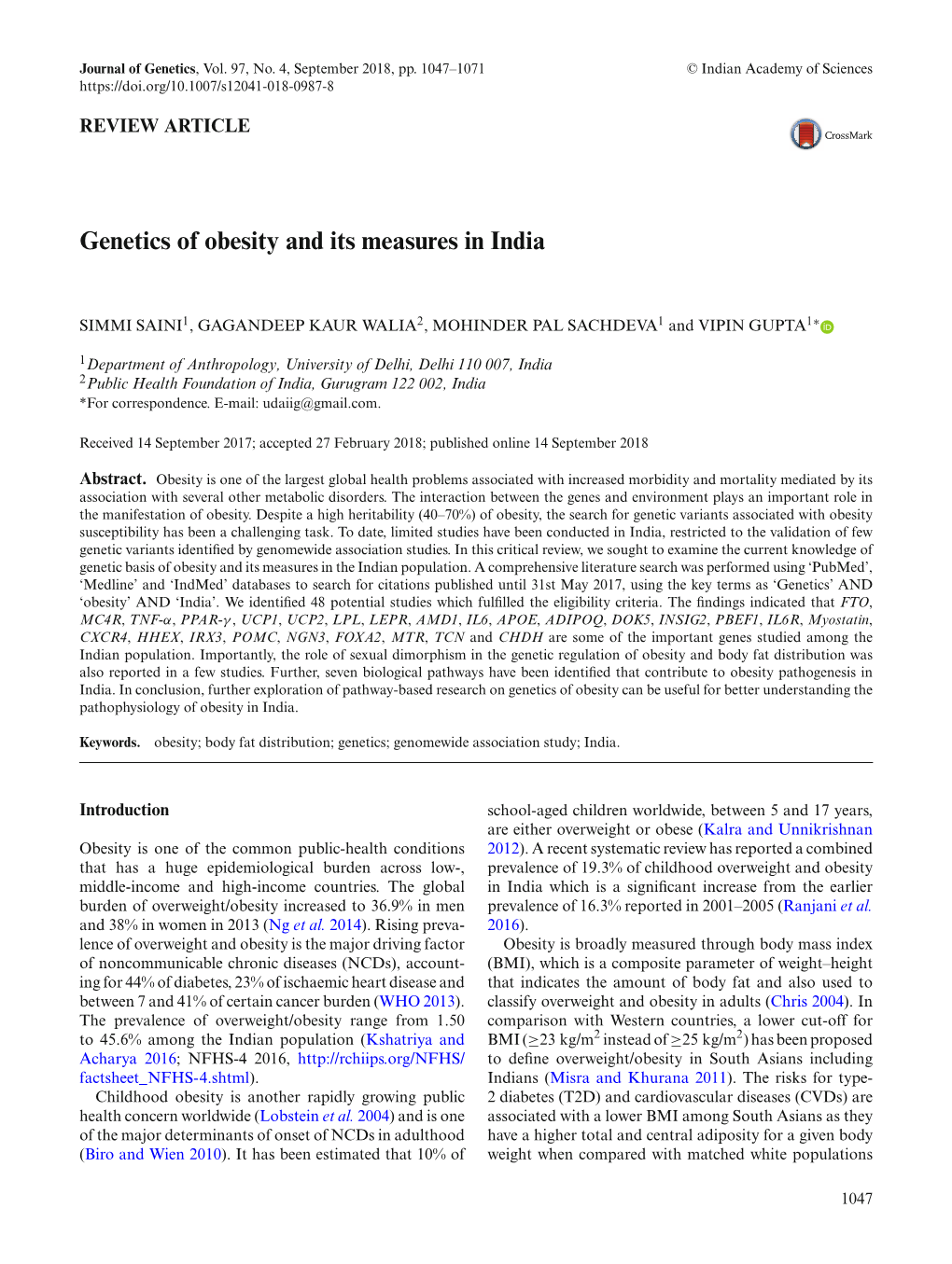 Genetics of Obesity and Its Measures in India