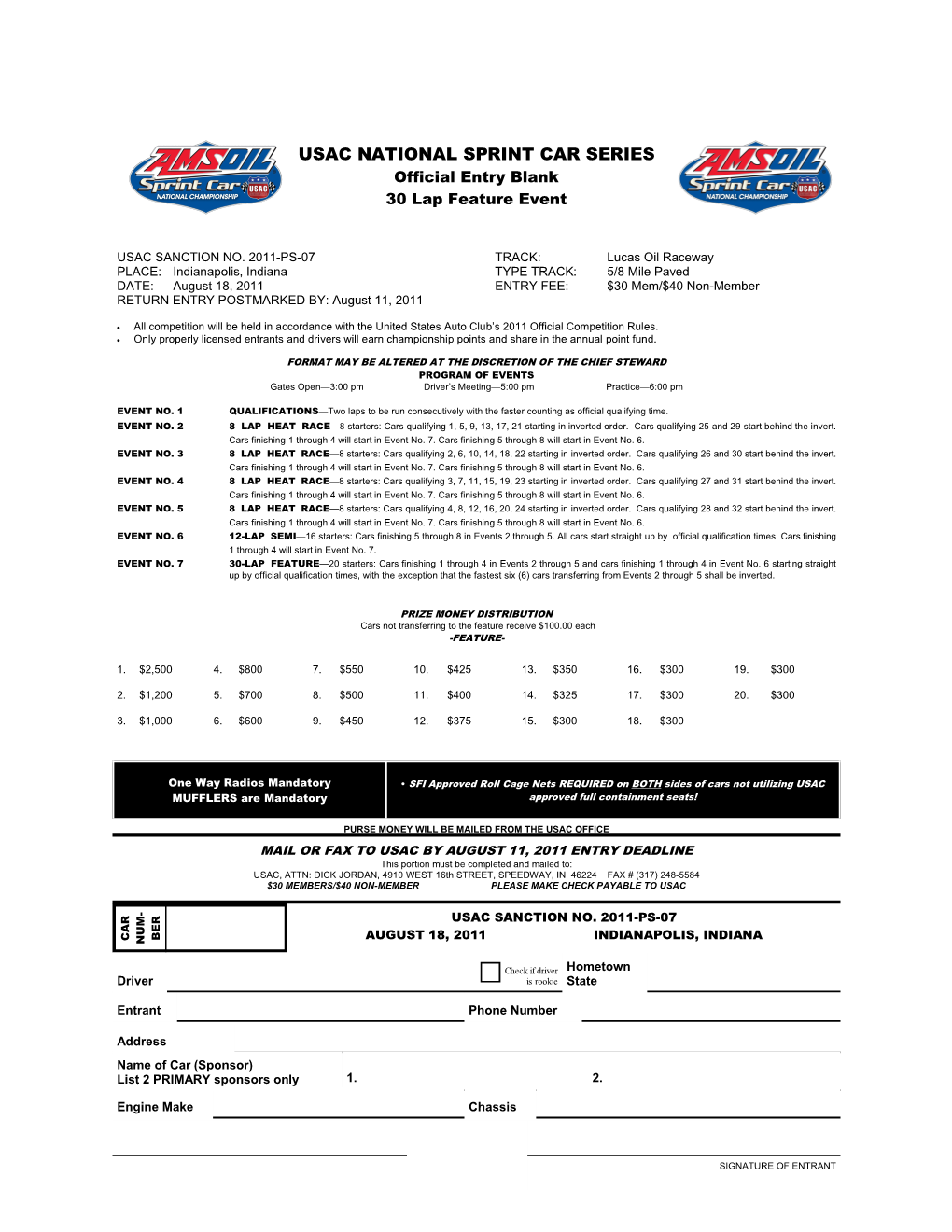 USAC NATIONAL SPRINT CAR SERIES Official Entry Blank 30 Lap Feature Event