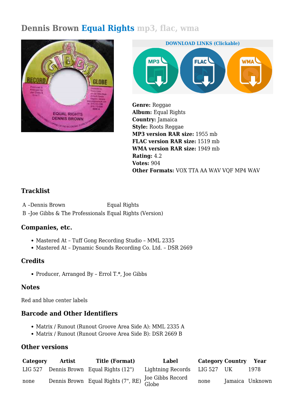 Dennis Brown Equal Rights Mp3, Flac, Wma