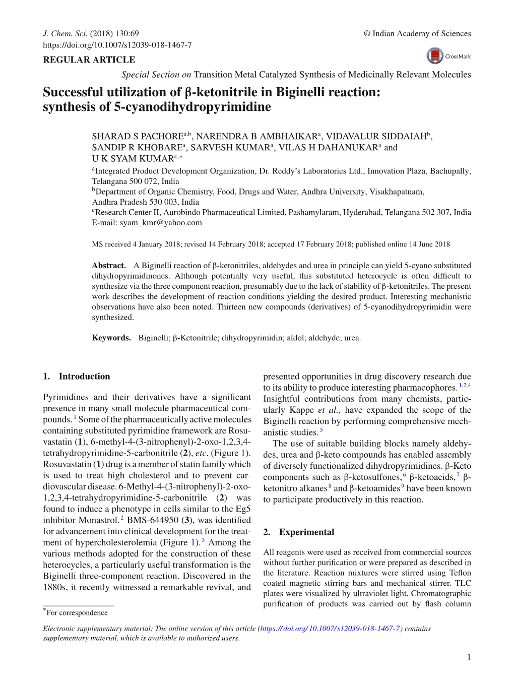 Successful Utilization of -Ketonitrile in Biginelli Reaction: Synthesis of 5