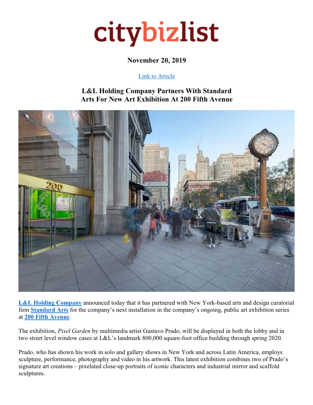 November 20, 2019 L&L Holding Company Partners with Standard Arts for New Art Exhibition at 200 Fifth Avenue