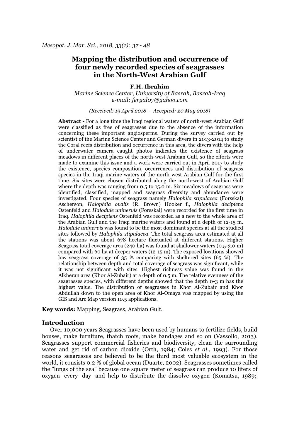 Mapping the Distribution and Occurrence of Four Newly Recorded Species of Seagrasses in the North-West Arabian Gulf