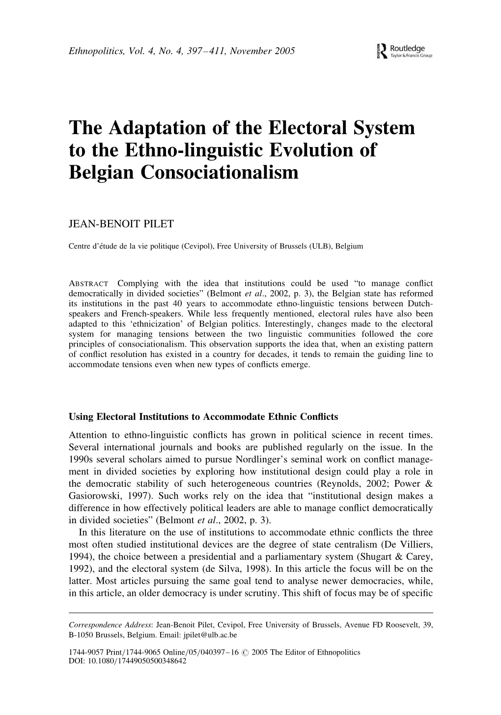 The Adaptation of the Electoral System to the Ethno-Linguistic Evolution of Belgian Consociationalism