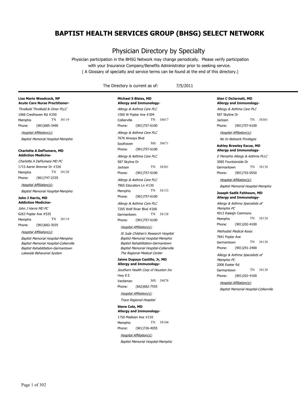 Baptist Health Services Group (Bhsg) Select Network