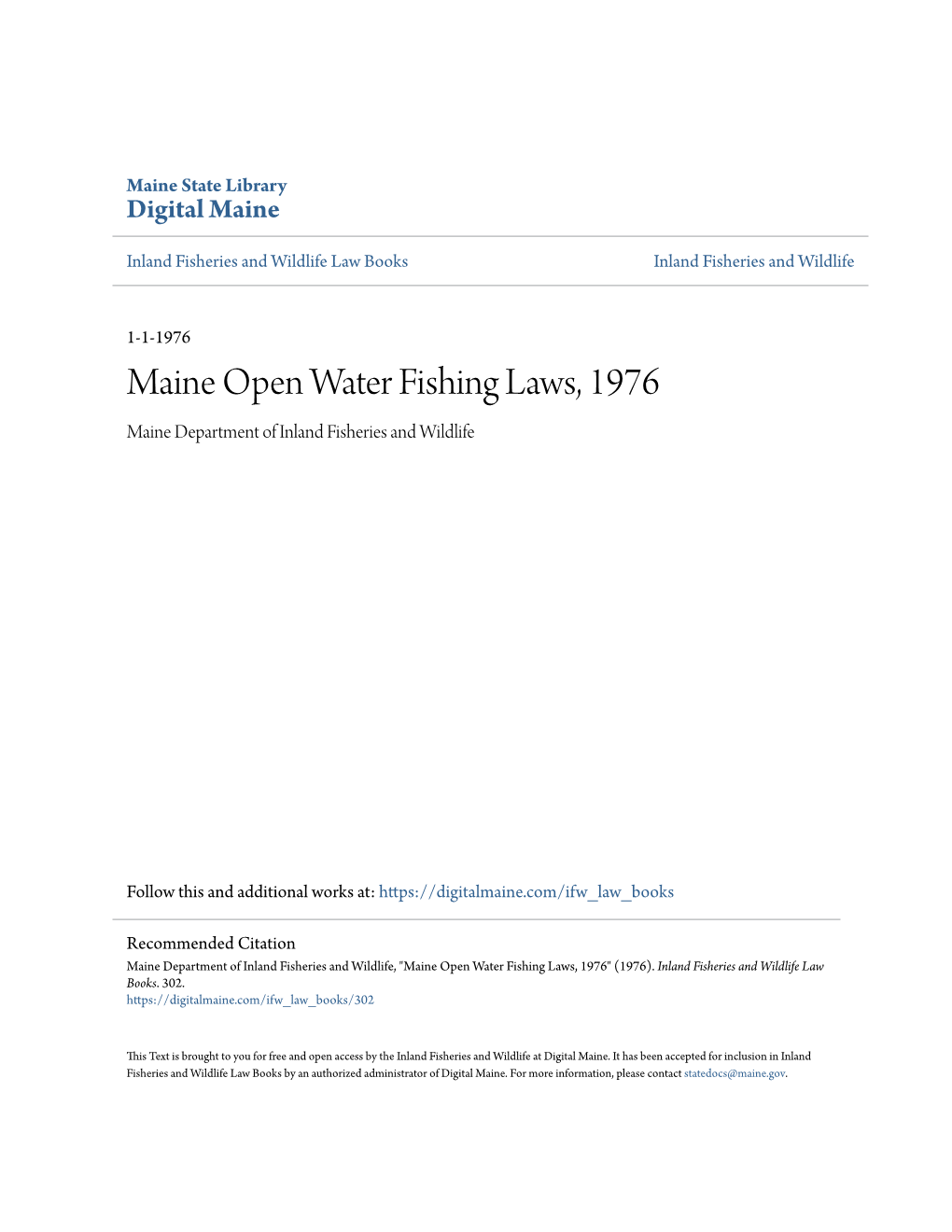 Maine Open Water Fishing Laws, 1976 Maine Department of Inland Fisheries and Wildlife