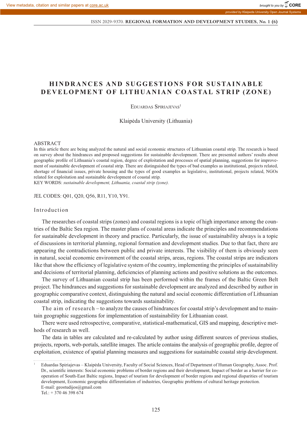 Hindrances and Suggestions for Sustainable Development of Lithuanian Coastal Strip (Zone)