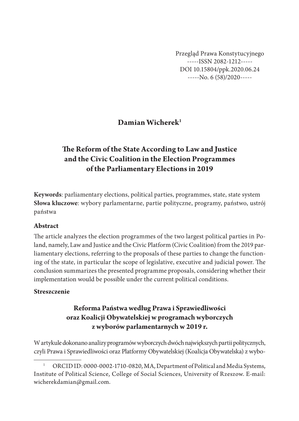 Damian Wicherek1 the Reform of the State According to Law and Justice and the Civic Coalition in the Election Programmes Of