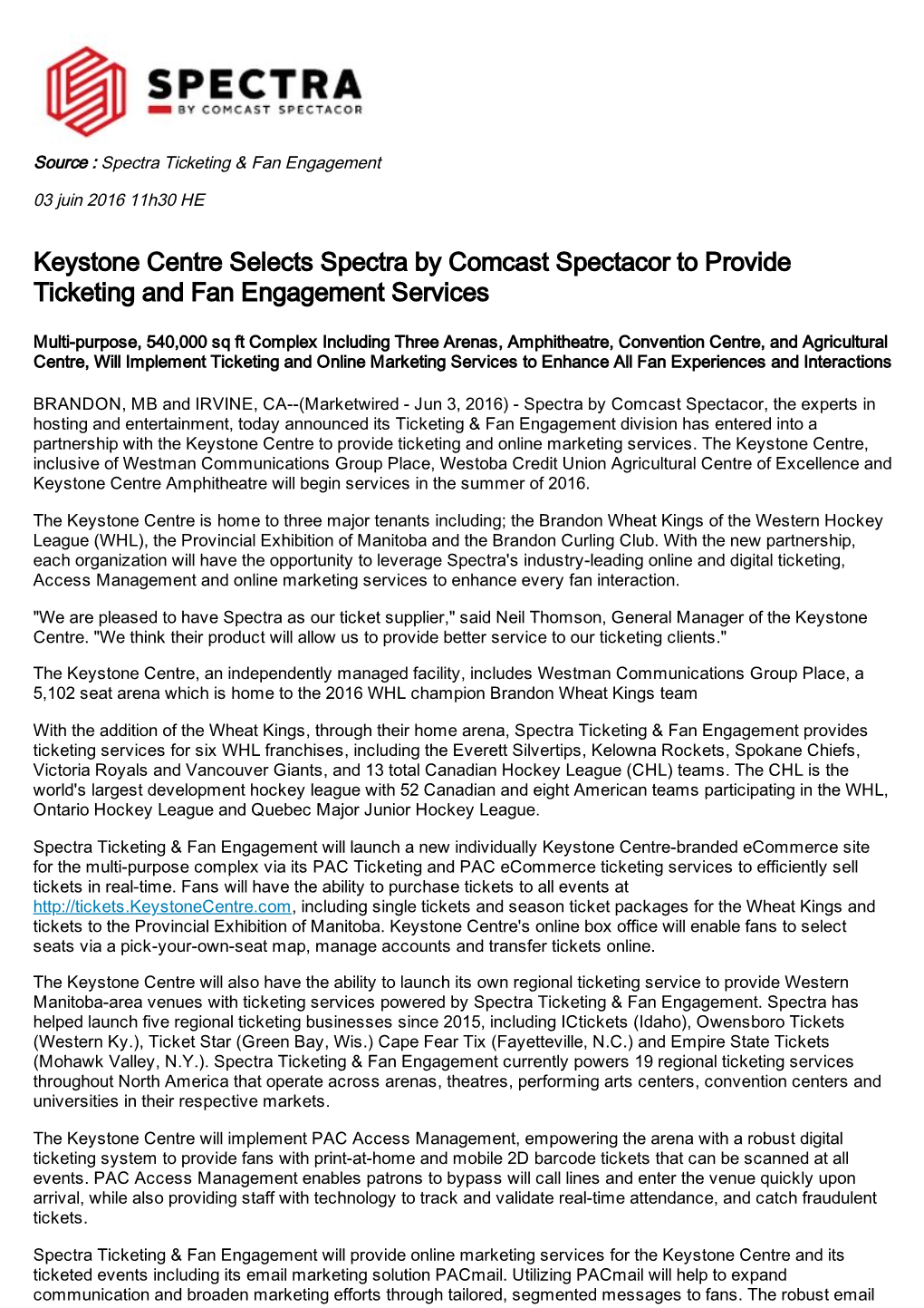 Keystone Centre Selects Spectra by Comcast Spectacor to Provide Ticketing and Fan Engagement Services