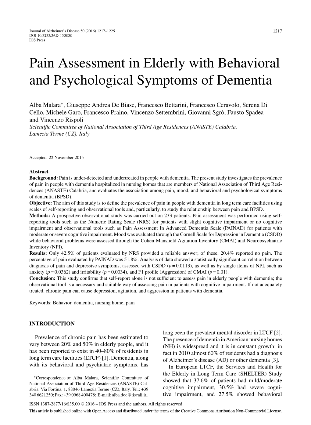 Pain Assessment in Elderly with Behavioral and Psychological Symptoms of Dementia