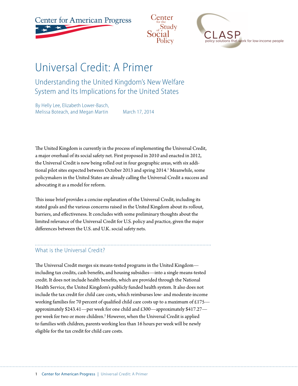 Universal Credit: a Primer Understanding the United Kingdom’S New Welfare System and Its Implications for the United States