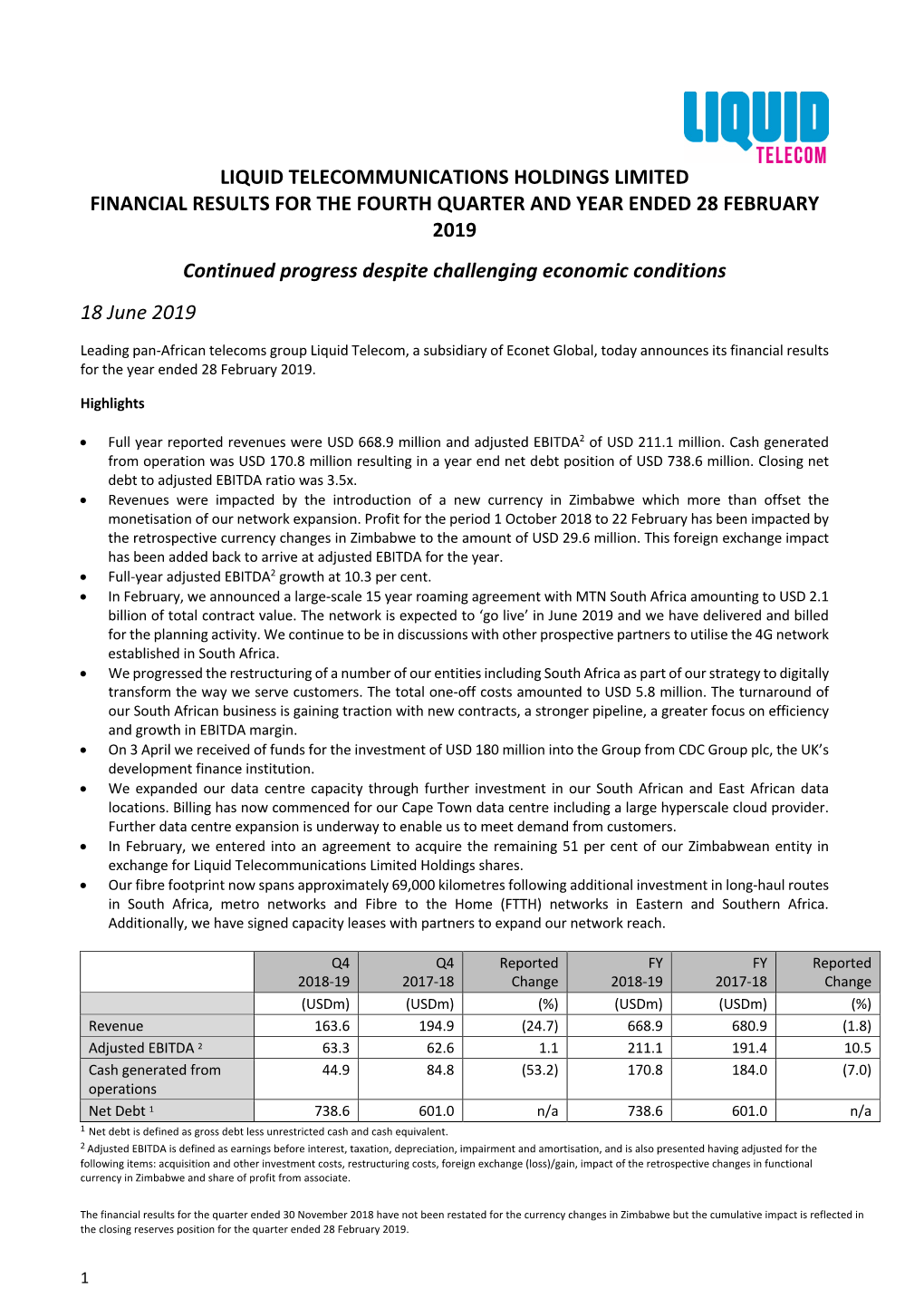 Liquid Telecommunications Holdings Limited Financial Results for the Fourth Quarter and Year Ended 28 February 2019