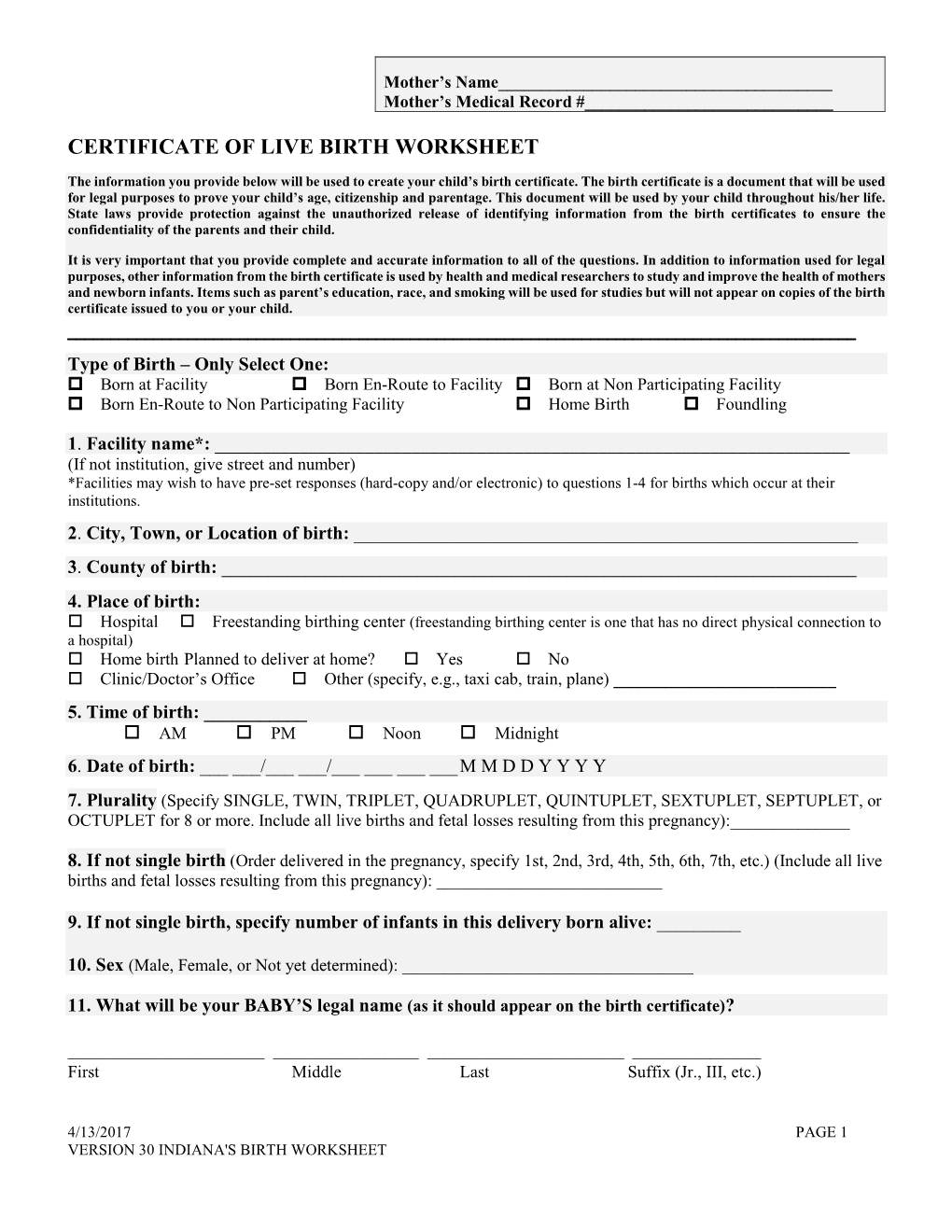 Certificate of Live Birth Worksheet