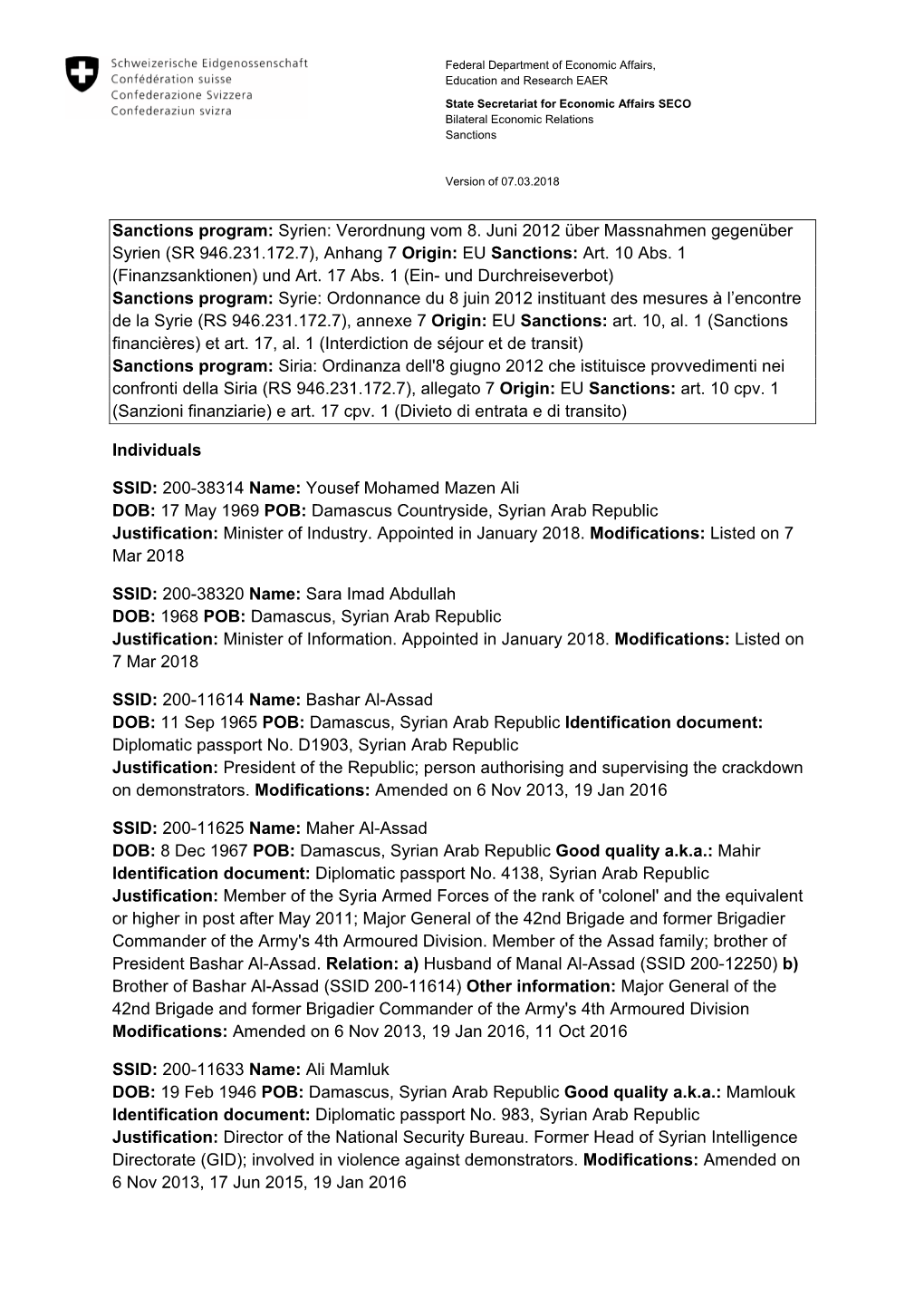 Sanctions Program: Syrien: Verordnung Vom 8. Juni 2012 Über Massnahmen Gegenüber Syrien (SR 946.231.172.7), Anhang 7 Origin: EU Sanctions: Art