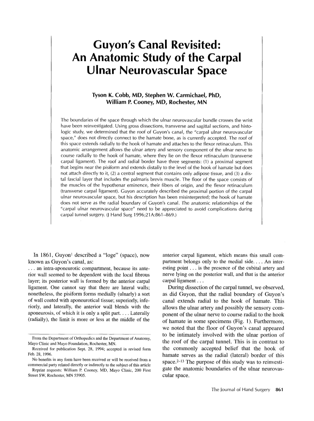 Guyon's Canal Revisited: an Anatomic Study of the Carpal Ulnar Neurovascular Space