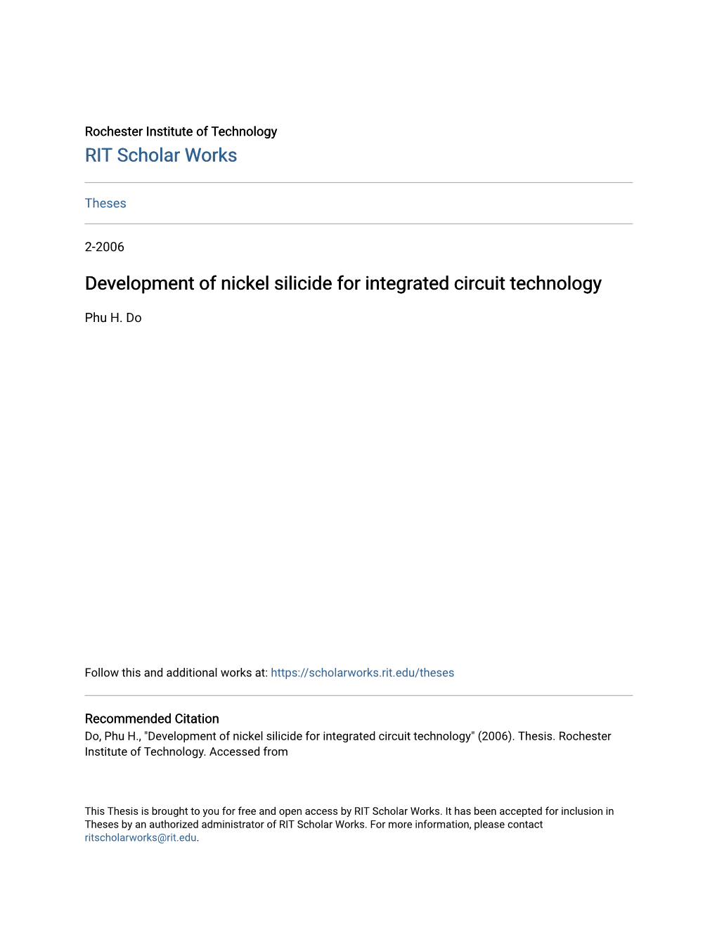Development of Nickel Silicide for Integrated Circuit Technology
