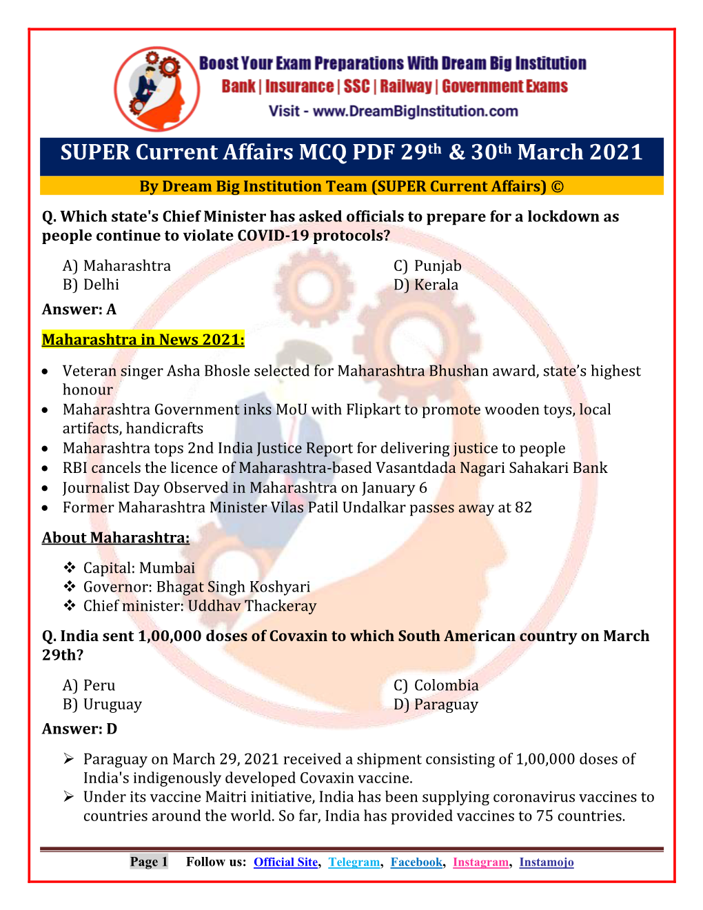 SUPER Current Affairs MCQ PDF 29Th & 30Th March 2021