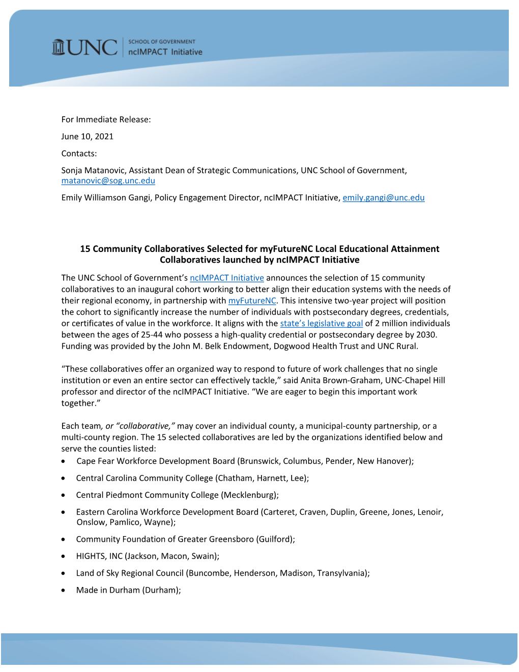 15 Community Collaboratives Selected for Myfuturenc Local Educational Attainment Collaboratives Launched by Ncimpact Initiative