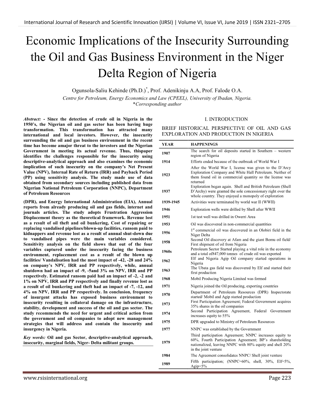 Economic Implications of the Insecurity Surrounding the Oil and Gas Business Environment in the Niger Delta Region of Nigeria