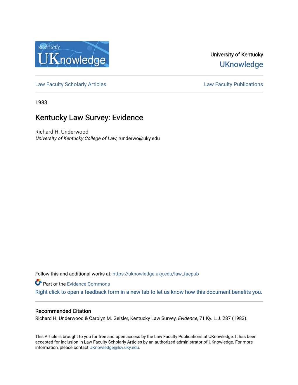 Kentucky Law Survey: Evidence