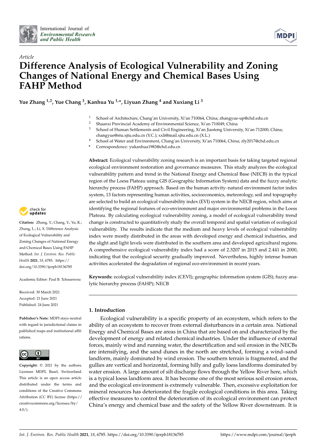 Difference Analysis of Ecological Vulnerability and Zoning Changes of National Energy and Chemical Bases Using FAHP Method