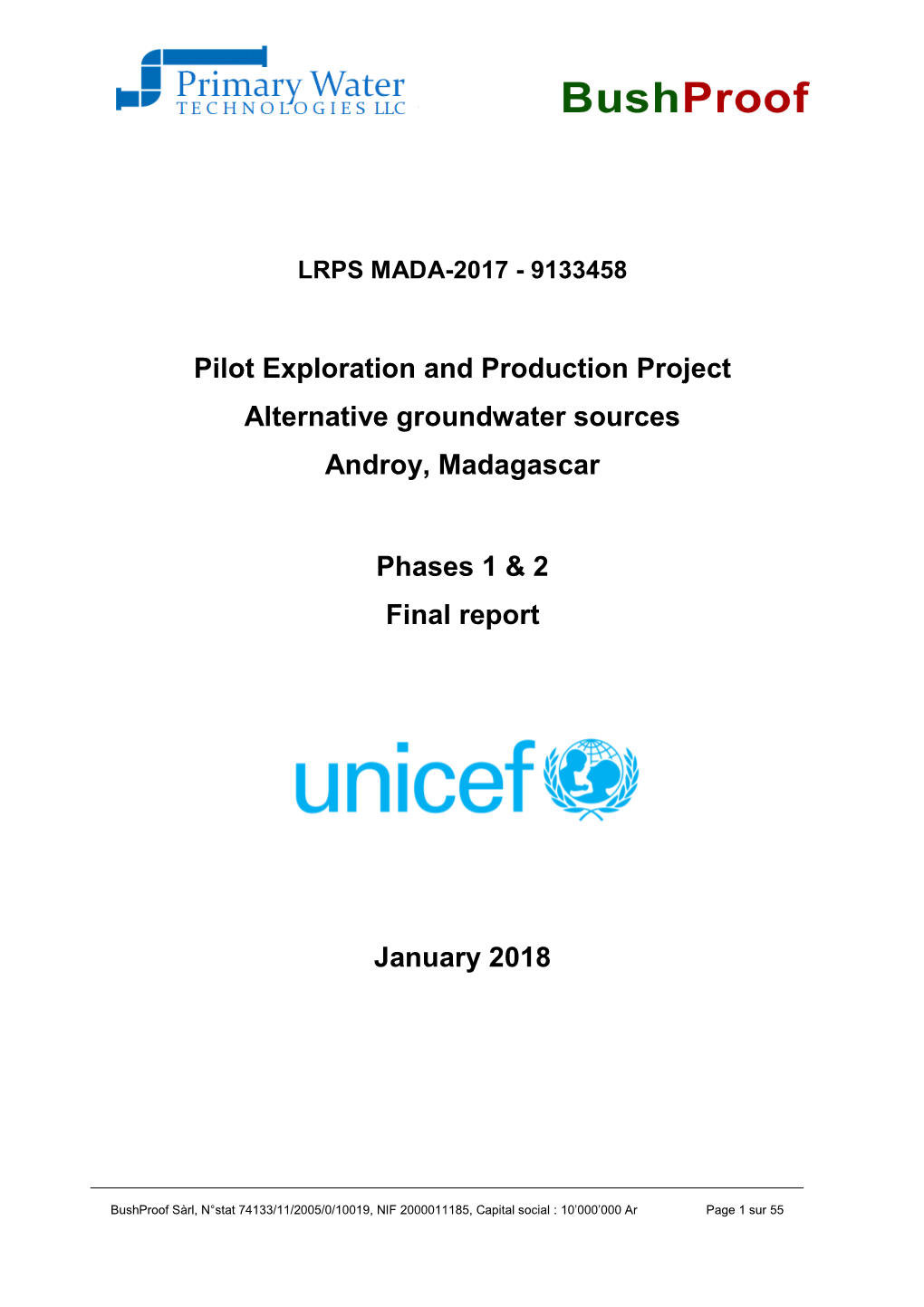 Pilot Exploration and Production Project Alternative Groundwater Sources Androy, Madagascar