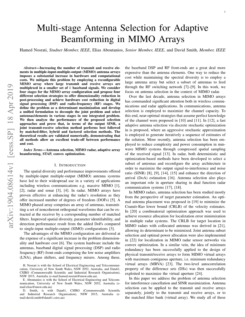 Multi-Stage Antenna Selection for Adaptive Beamforming in MIMO