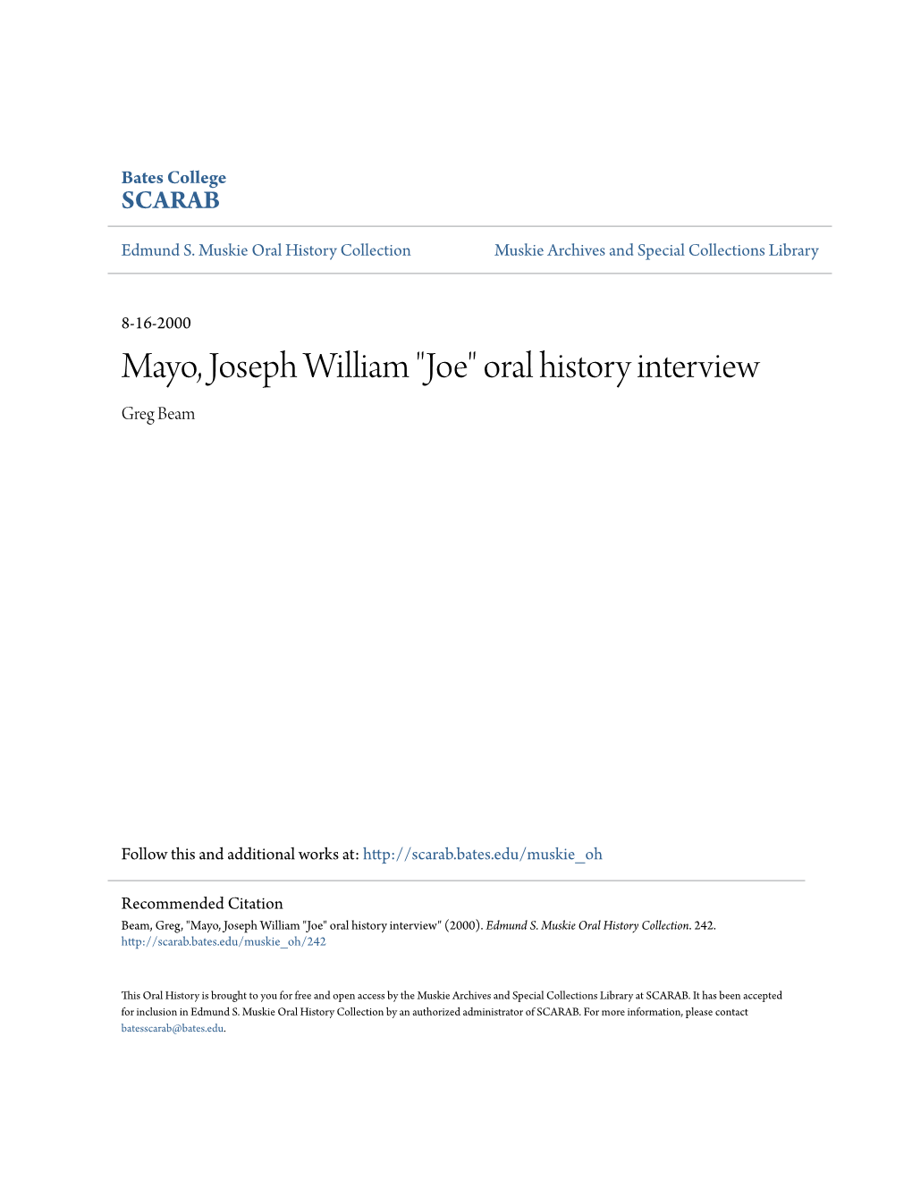 Mayo, Joseph William "Joe" Oral History Interview Greg Beam