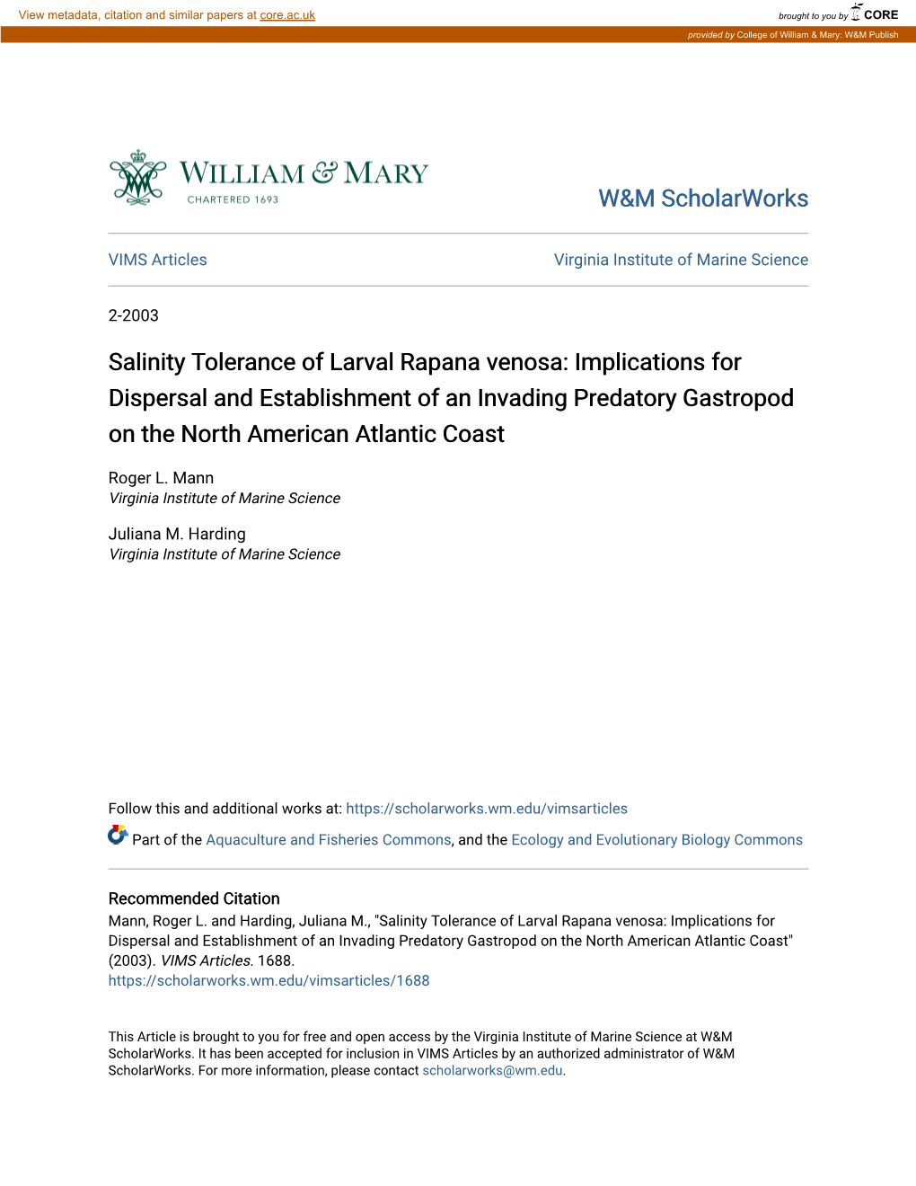 Salinity Tolerance of Larval Rapana Venosa: Implications for Dispersal and Establishment of an Invading Predatory Gastropod on the North American Atlantic Coast