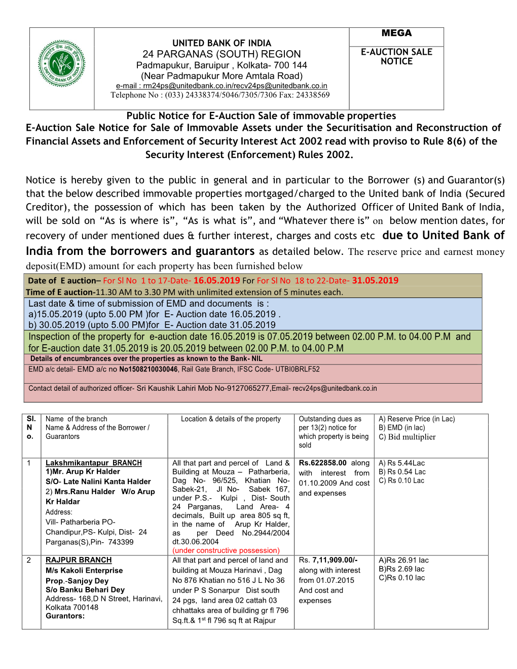 Public Notice for E-Auction Sale of Immovable Properties E-Auction