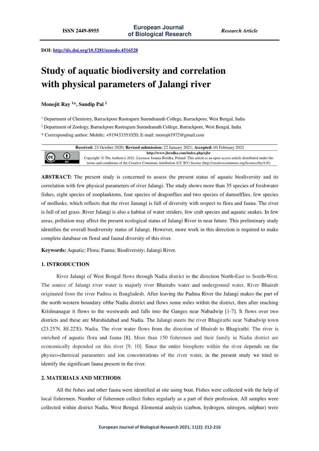 Study of Aquatic Biodiversity and Correlation with Physical Parameters of Jalangi River