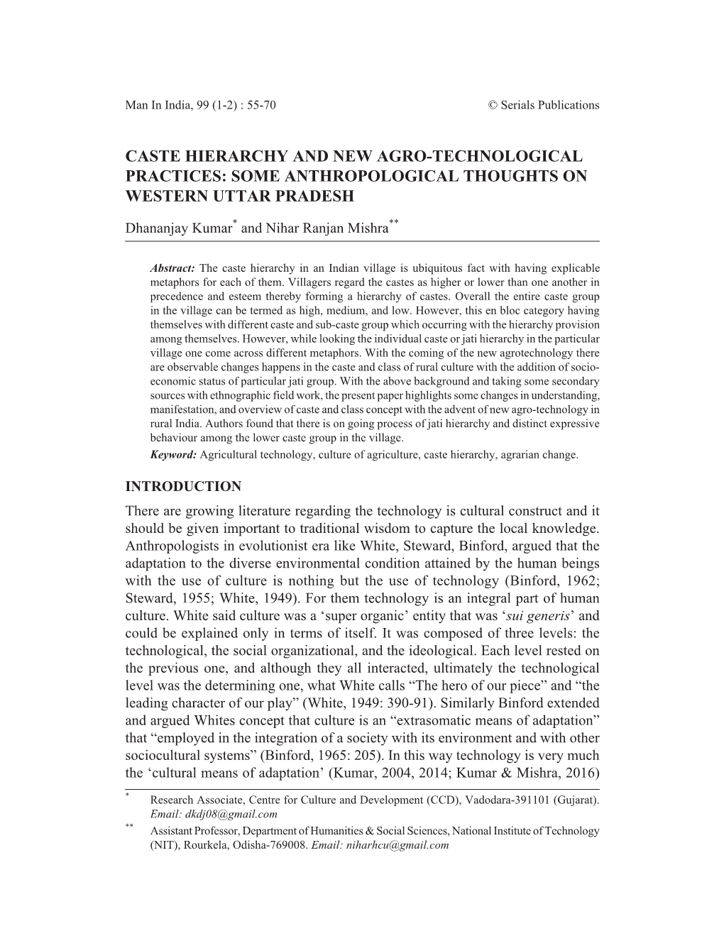 Caste Hierarchy and New Agro-Technological Practices: Some Anthropological Thoughts on Western Uttar Pradesh