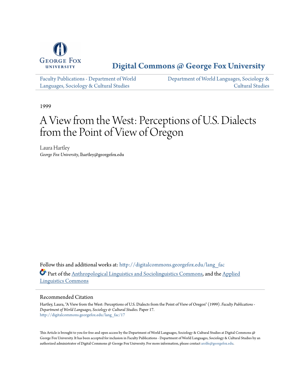 Perceptions of US Dialects from the Point of View of Oregon