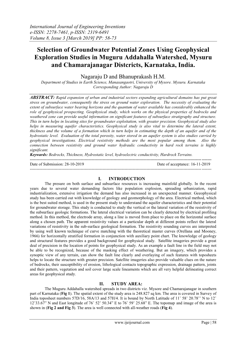 Selection of Groundwater Potential Zones Using Geophysical Exploration Studies in Muguru Addahalla Watershed, Mysuru and Chamarajanagar Distcricts, Karnataka, India