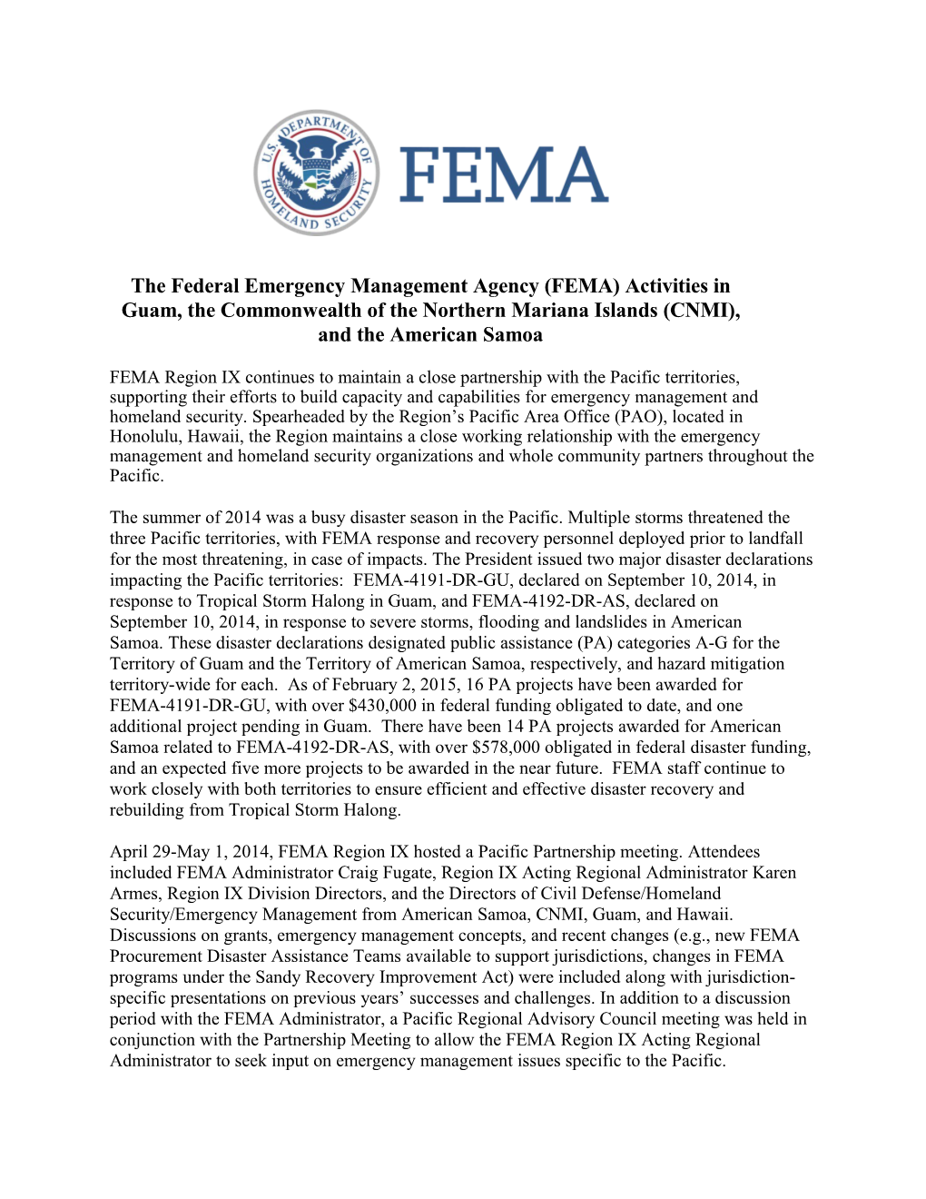 The Federal Emergency Management Agency (FEMA) Activities in Guam, the Commonwealth Of