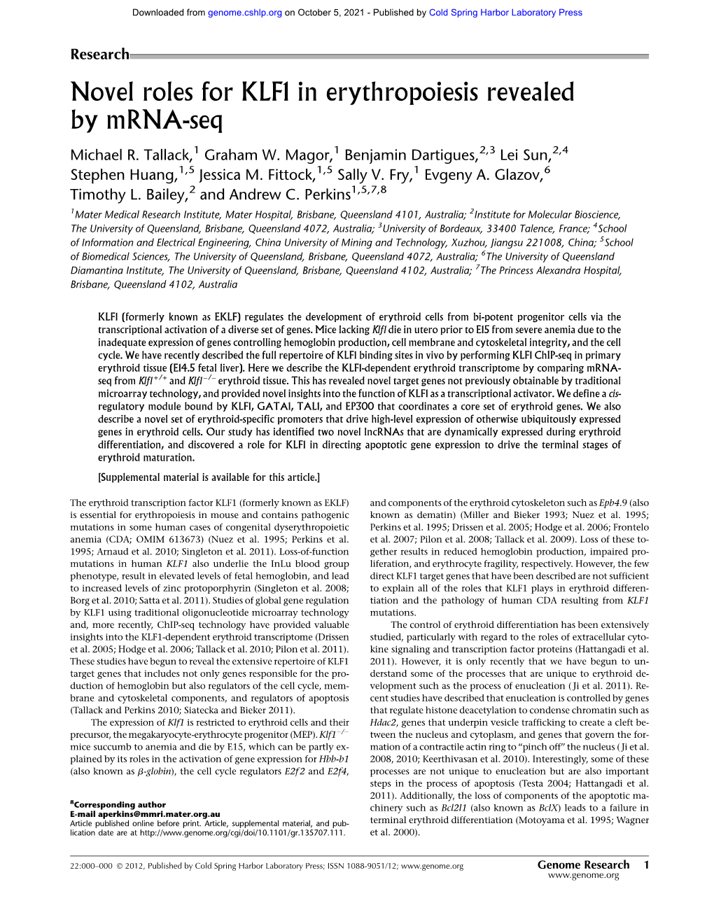 Novel Roles for KLF1 in Erythropoiesis Revealed by Mrna-Seq