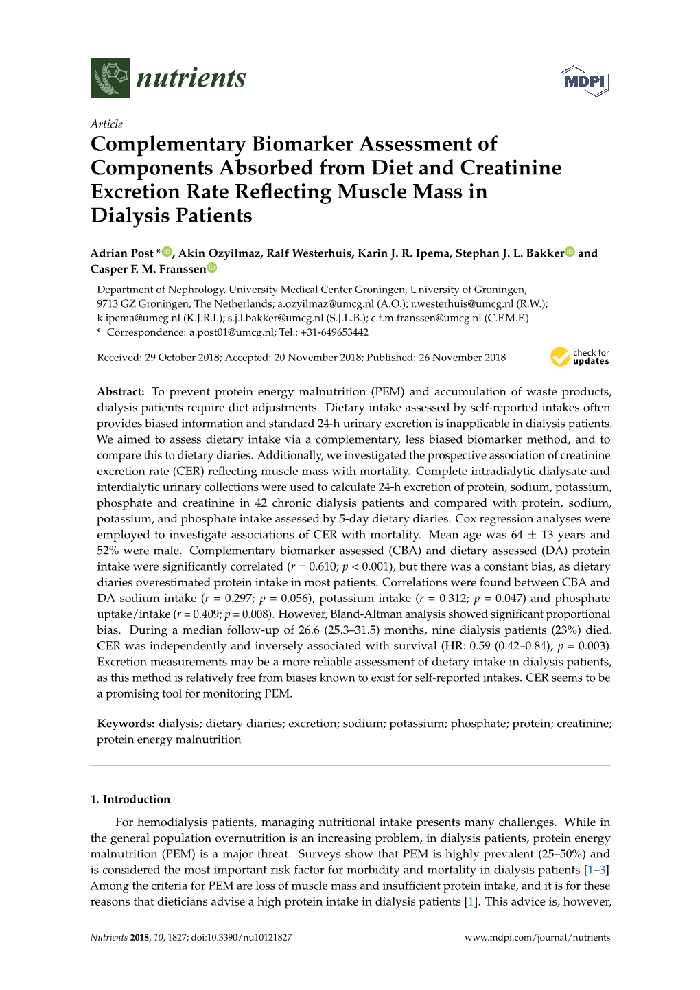 Complementary Biomarker Assessment of Components Absorbed from Diet and Creatinine Excretion Rate Reﬂecting Muscle Mass in Dialysis Patients