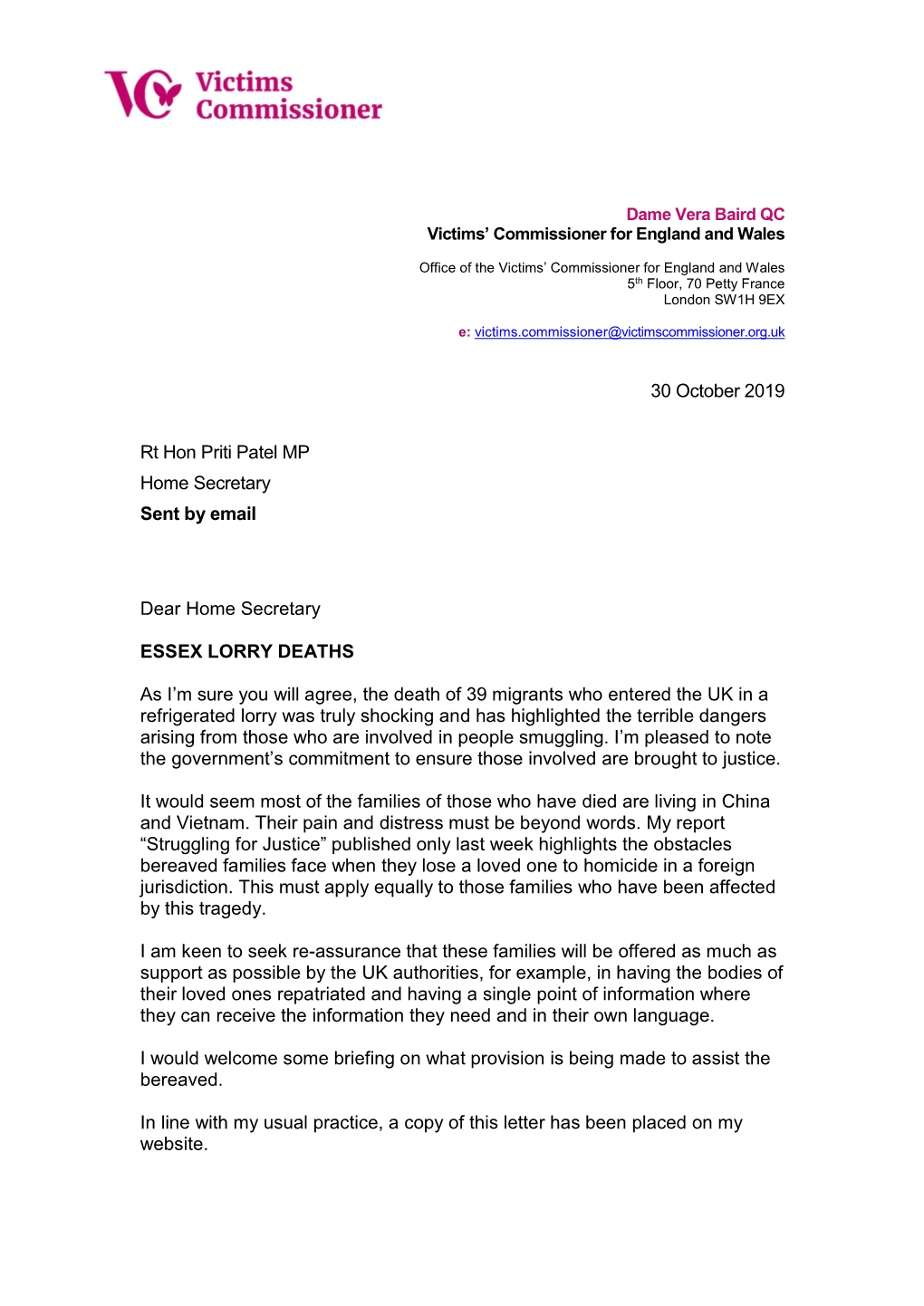 Letter to Home Secretary Re. Essex Migrant Deaths