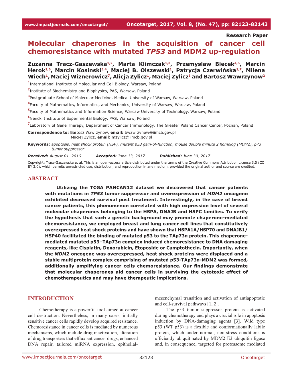 Molecular Chaperones in the Acquisition of Cancer Cell Chemoresistance with Mutated TP53 and MDM2 Up-Regulation