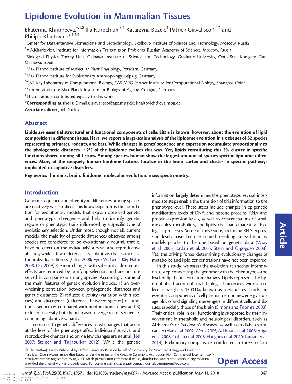 Lipidome Evolution in Mammalian Tissues Article Open Access