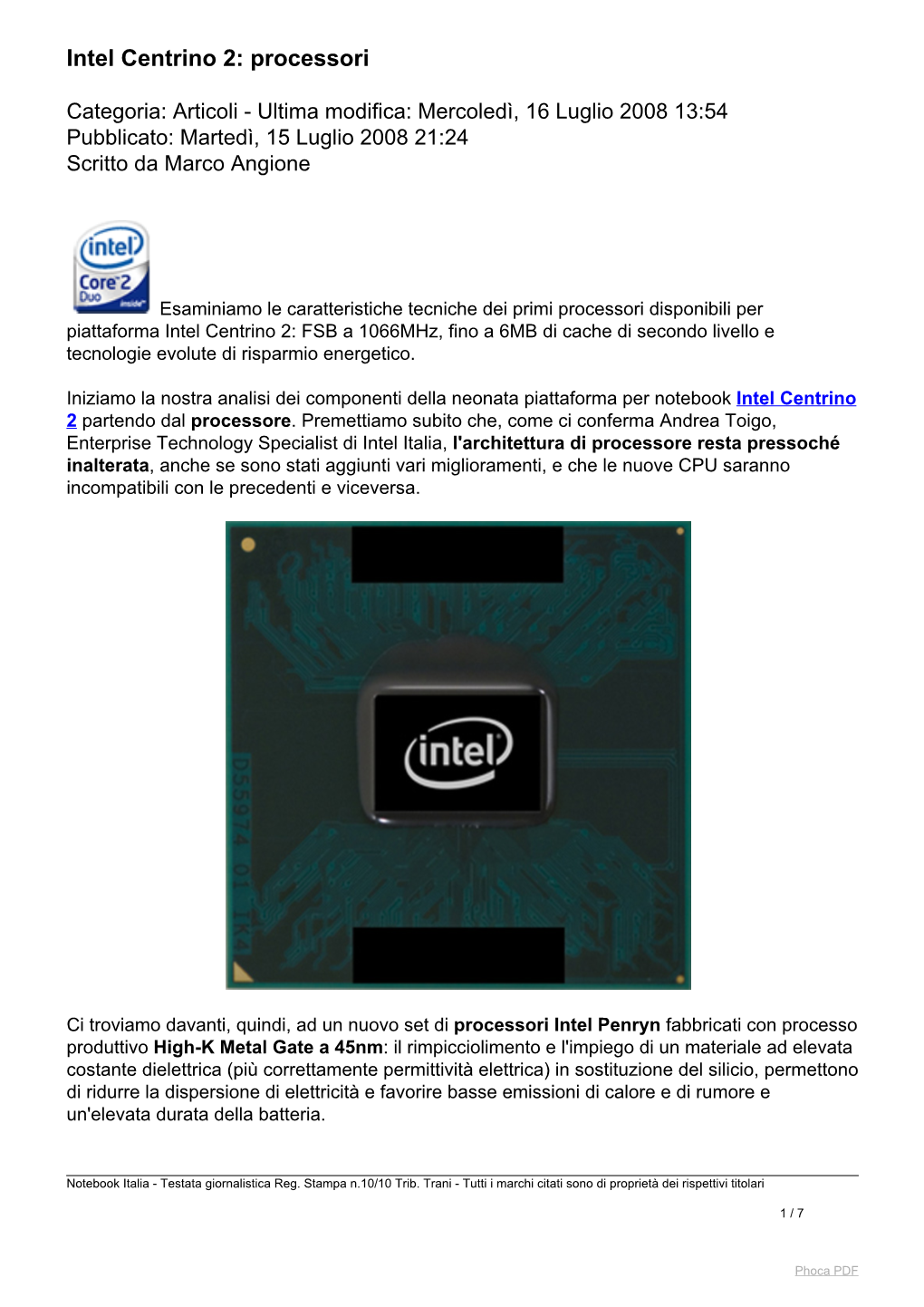 Intel Centrino 2: Processori