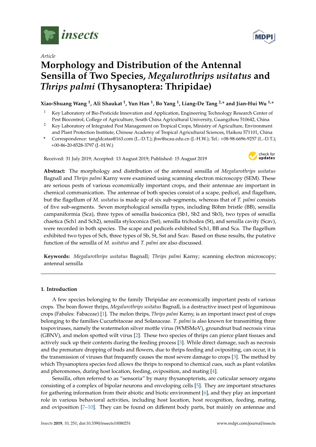 Morphology and Distribution of the Antennal Sensilla of Two Species, Megalurothrips Usitatus and Thrips Palmi (Thysanoptera: Thripidae)