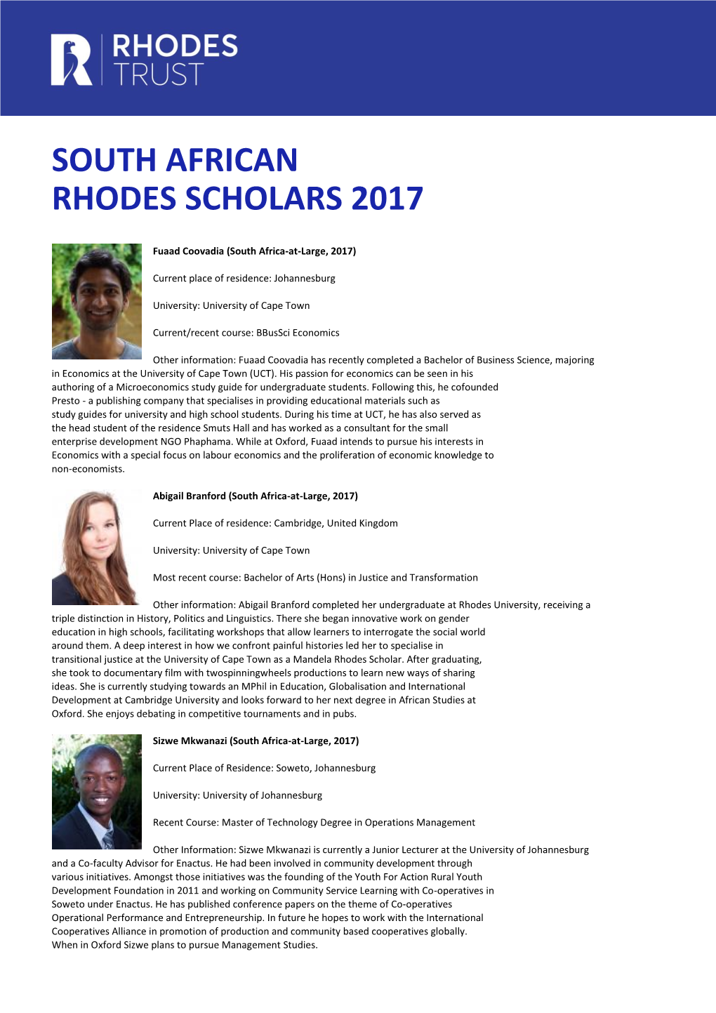 South African Rhodes Scholars 2017
