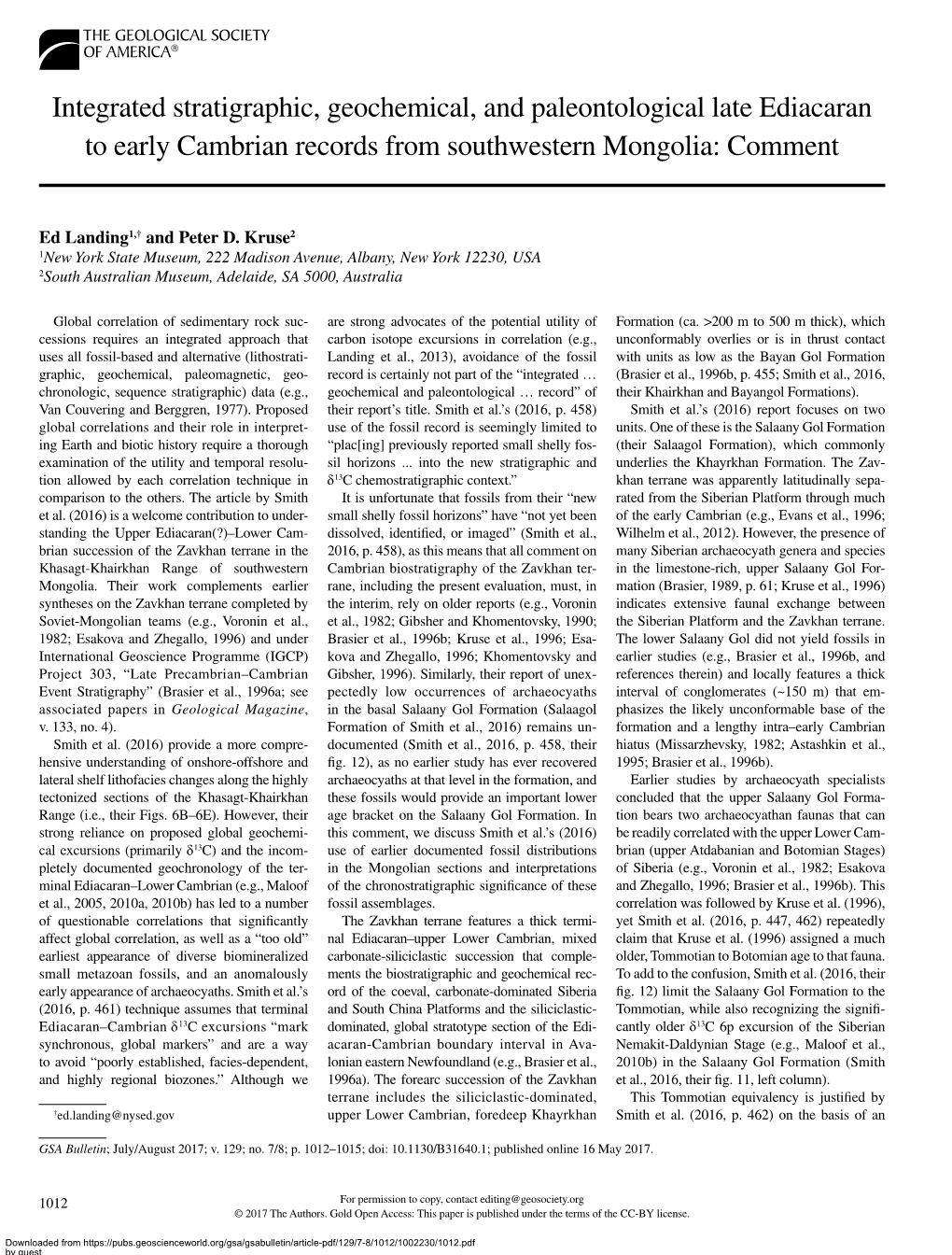 Integrated Stratigraphic, Geochemical, and Paleontological Late Ediacaran to Early Cambrian Records from Southwestern Mongolia: Comment