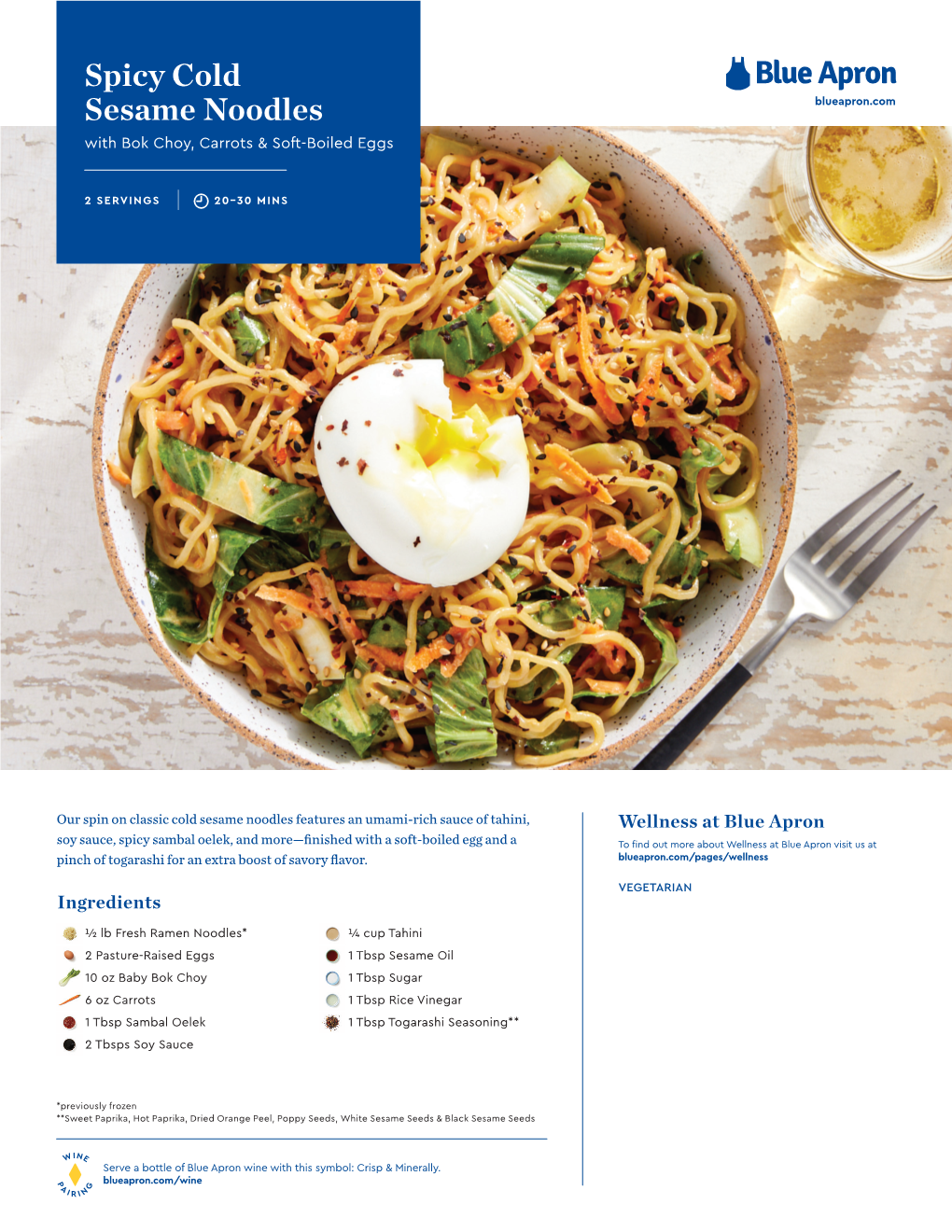 Spicy Cold Sesame Noodles Blueapron.Com with Bok Choy, Carrots & Soft-Boiled Eggs