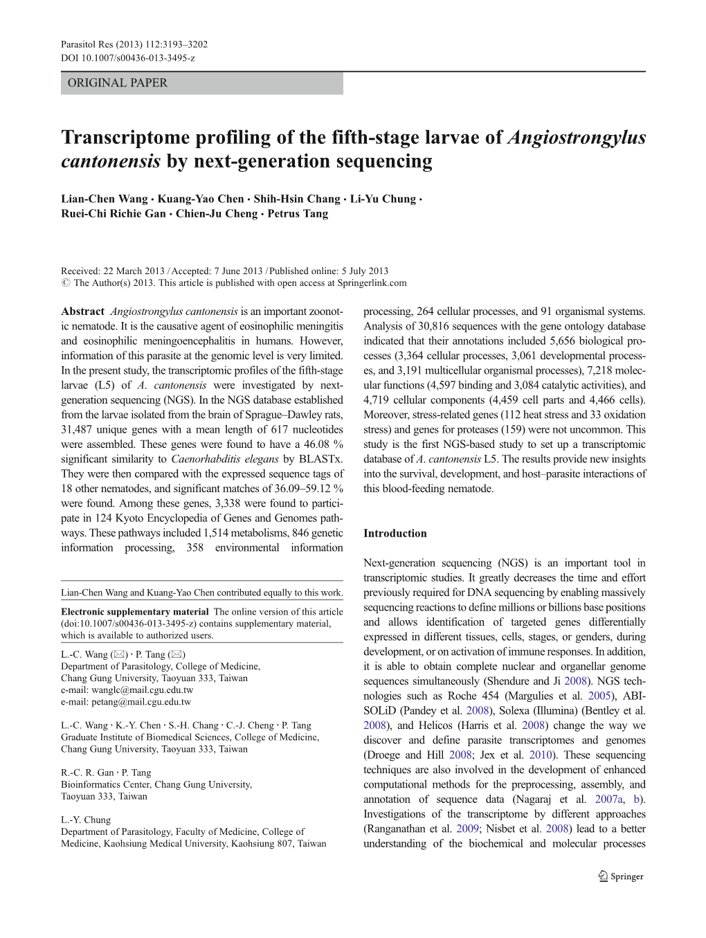 Transcriptome Profiling of the Fifth-Stage Larvae of Angiostrongylus Cantonensis by Next-Generation Sequencing