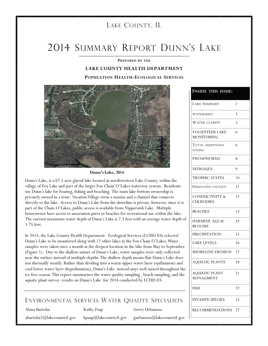 2014 Summary Report Dunn's Lake