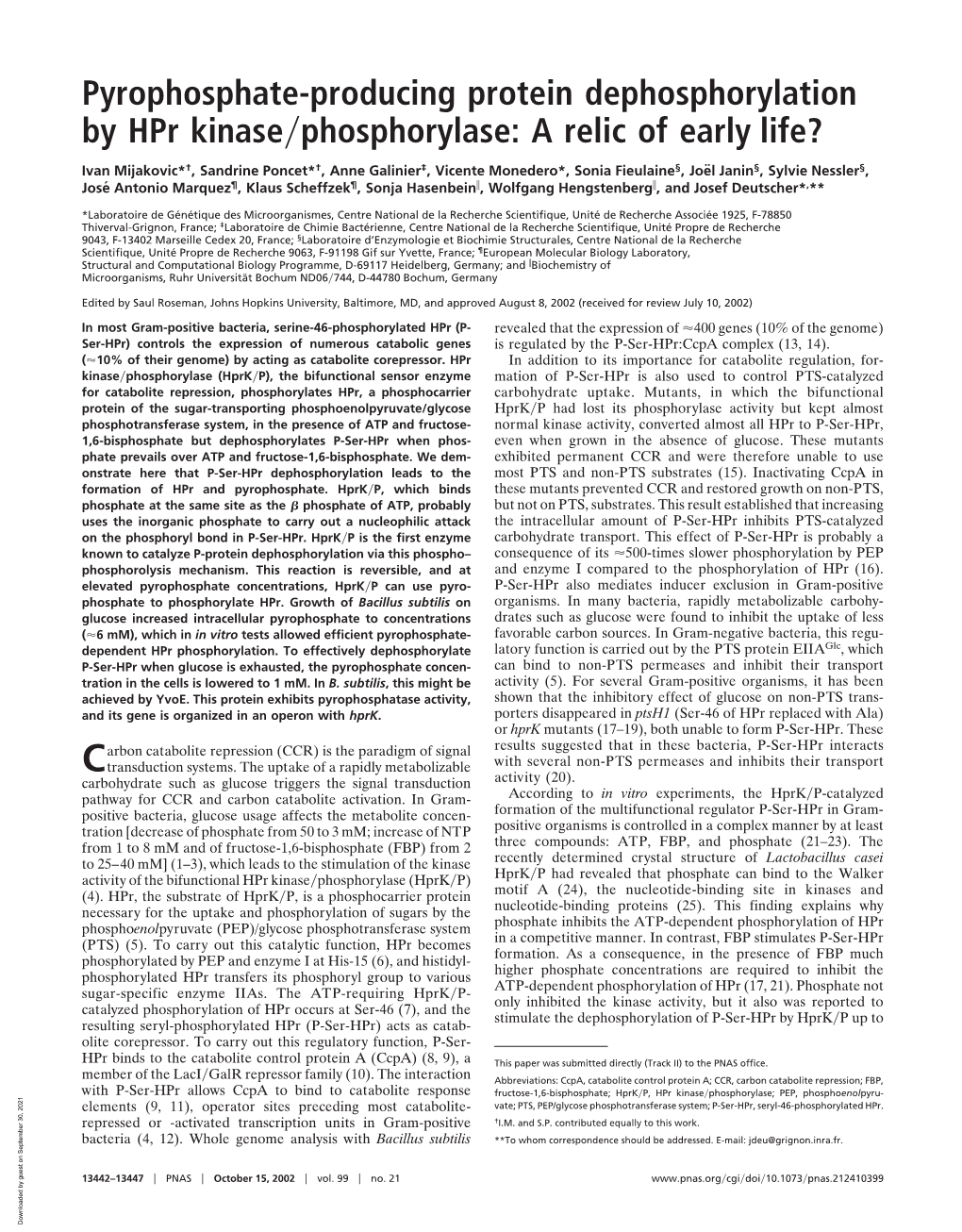 Pyrophosphate-Producing Protein Dephosphorylation by Hpr Kinase͞phosphorylase: a Relic of Early Life?