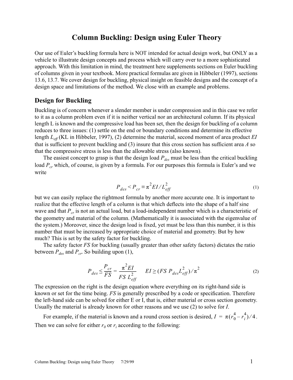 Column Buckling: Design Using Euler Theory